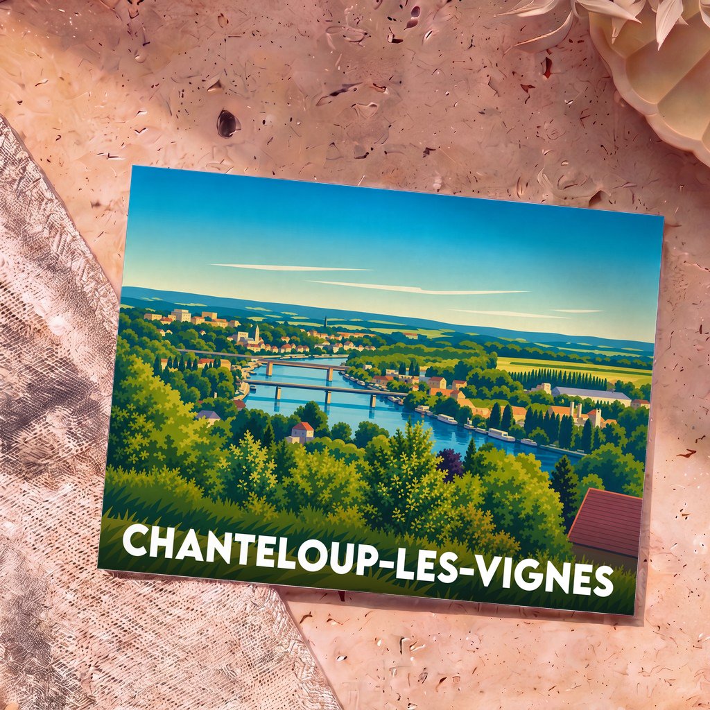 Carte postale souvenir de la ville de Chanteloup-les-Vignes avec une illustration paysagère stylisée surplombant la Seine.