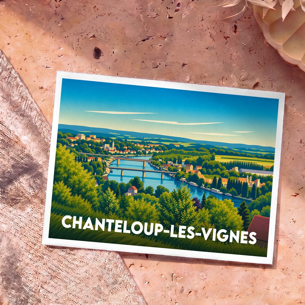 Carte postale souvenir de la ville de Chanteloup-les-Vignes avec une illustration paysagère stylisée surplombant la Seine.