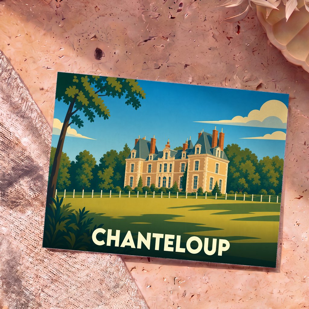 Carte postale souvenir de la ville de Chanteloup illustrant son château dans un style graphique épuré.