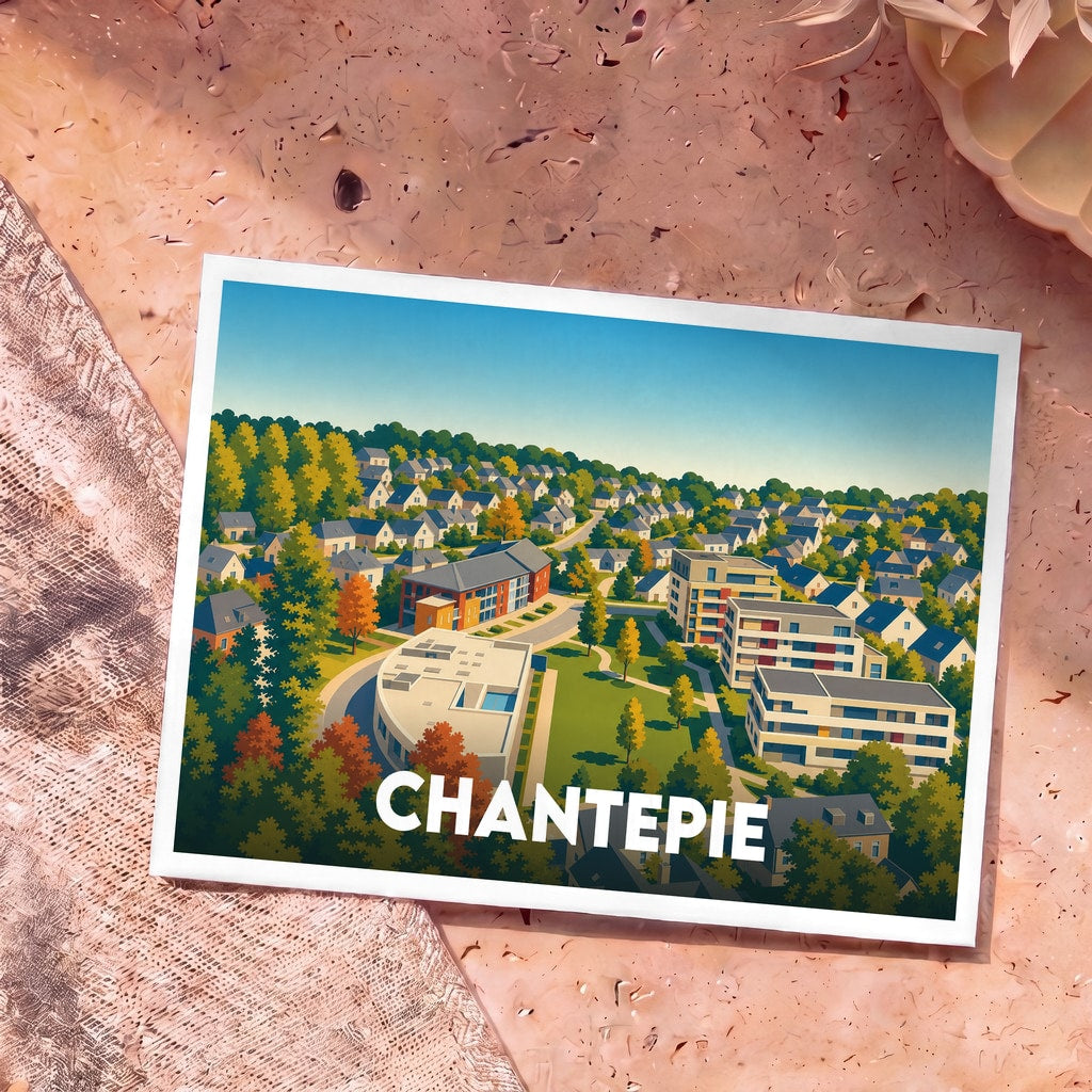 Carte postale souvenir de la ville de Chantepie avec une illustration stylisée et colorée du paysage urbain.