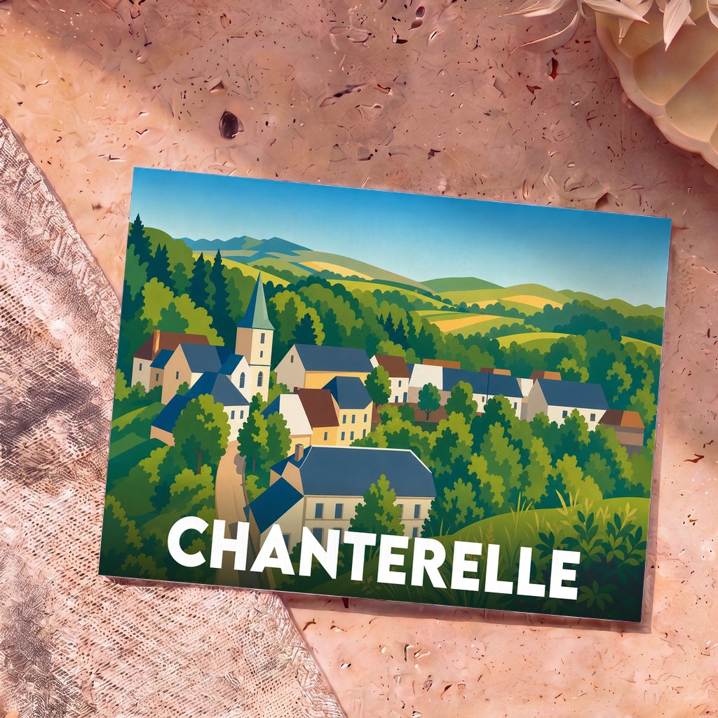 Carte postale souvenir de la ville de Chanterelle avec une illustration stylisée de son village niché dans une vallée verdoyante.