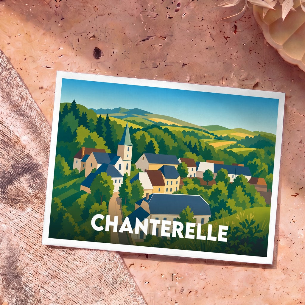 Carte postale souvenir de la ville de Chanterelle avec une illustration stylisée de son village niché dans une vallée verdoyante.
