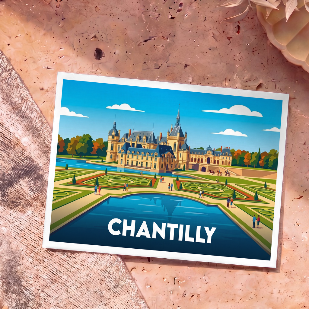 Carte postale souvenir de la ville de Chantilly avec une illustration stylisée de son château et de ses jardins.