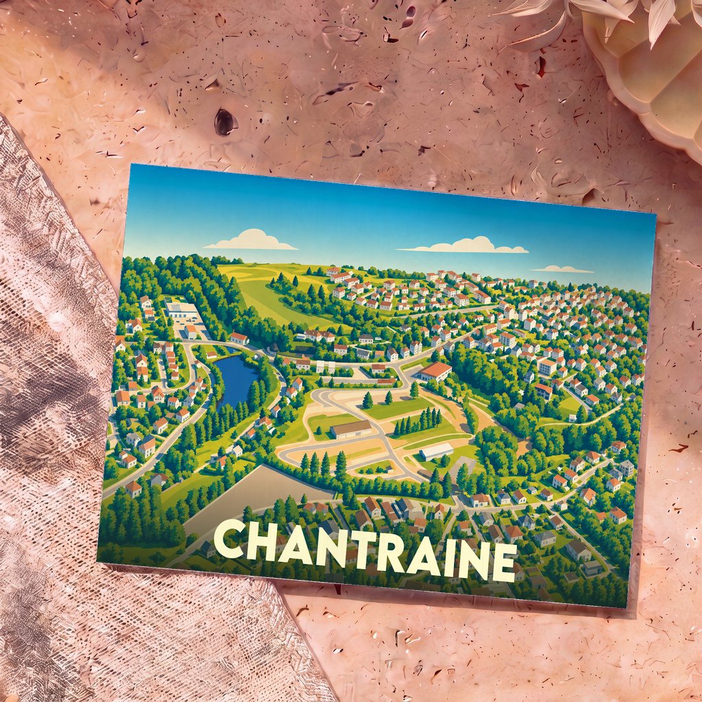 Carte postale souvenir de la ville de Chantraine avec une illustration stylisée et colorée.