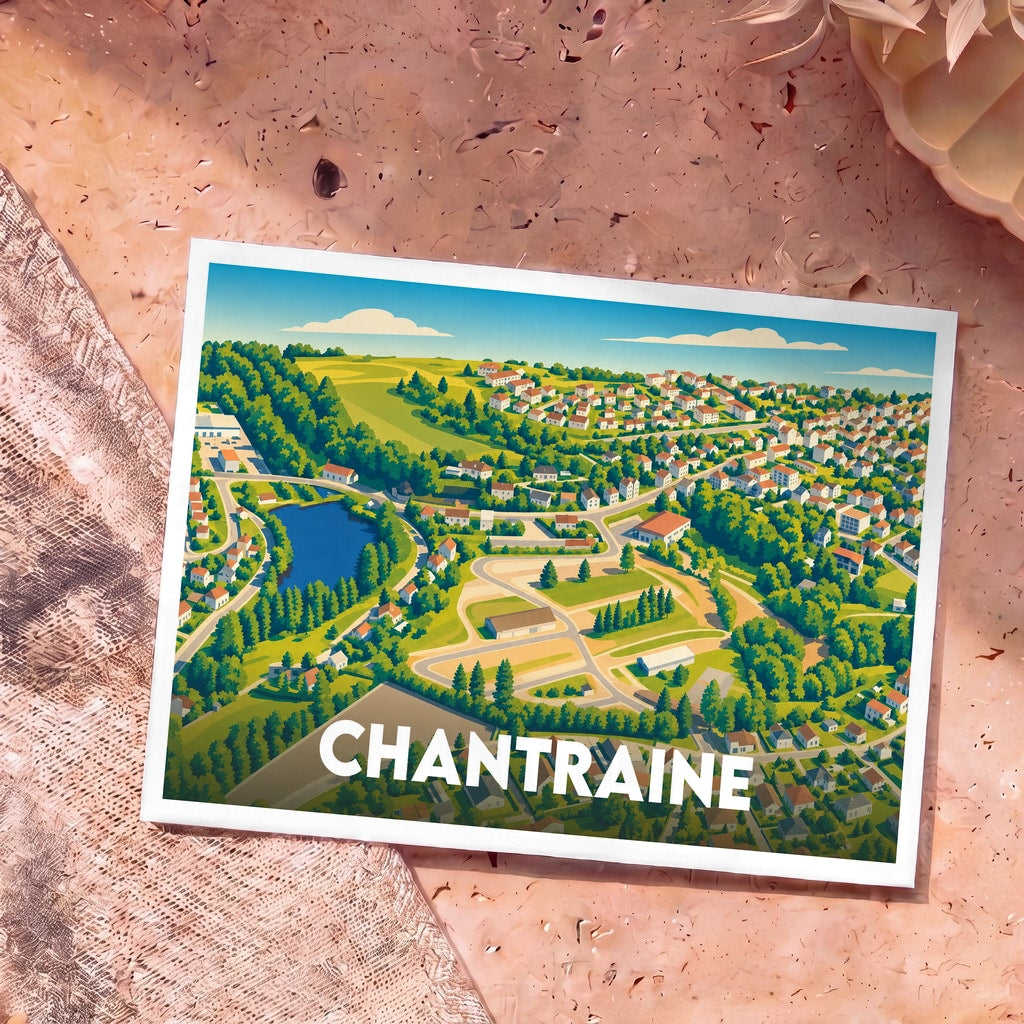Carte postale souvenir de la ville de Chantraine avec une illustration stylisée et colorée.