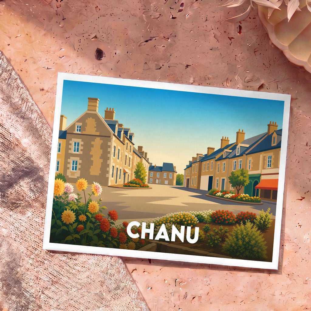 Carte postale souvenir de la ville de Chanu avec une illustration stylisée d'une place fleurie.