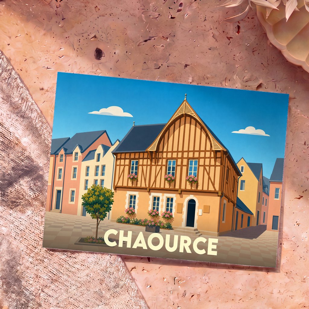 Carte postale souvenir de la ville de Chaource présentant une illustration stylisée de maisons à colombages sous un ciel bleu.
