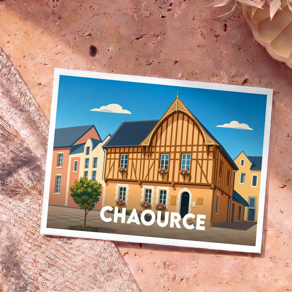 Carte postale souvenir de la ville de Chaource présentant une illustration stylisée de maisons à colombages sous un ciel bleu.