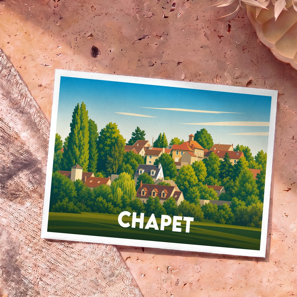 Carte postale souvenir de la ville de Chapet illustrant un paysage de village verdoyant au style épuré.