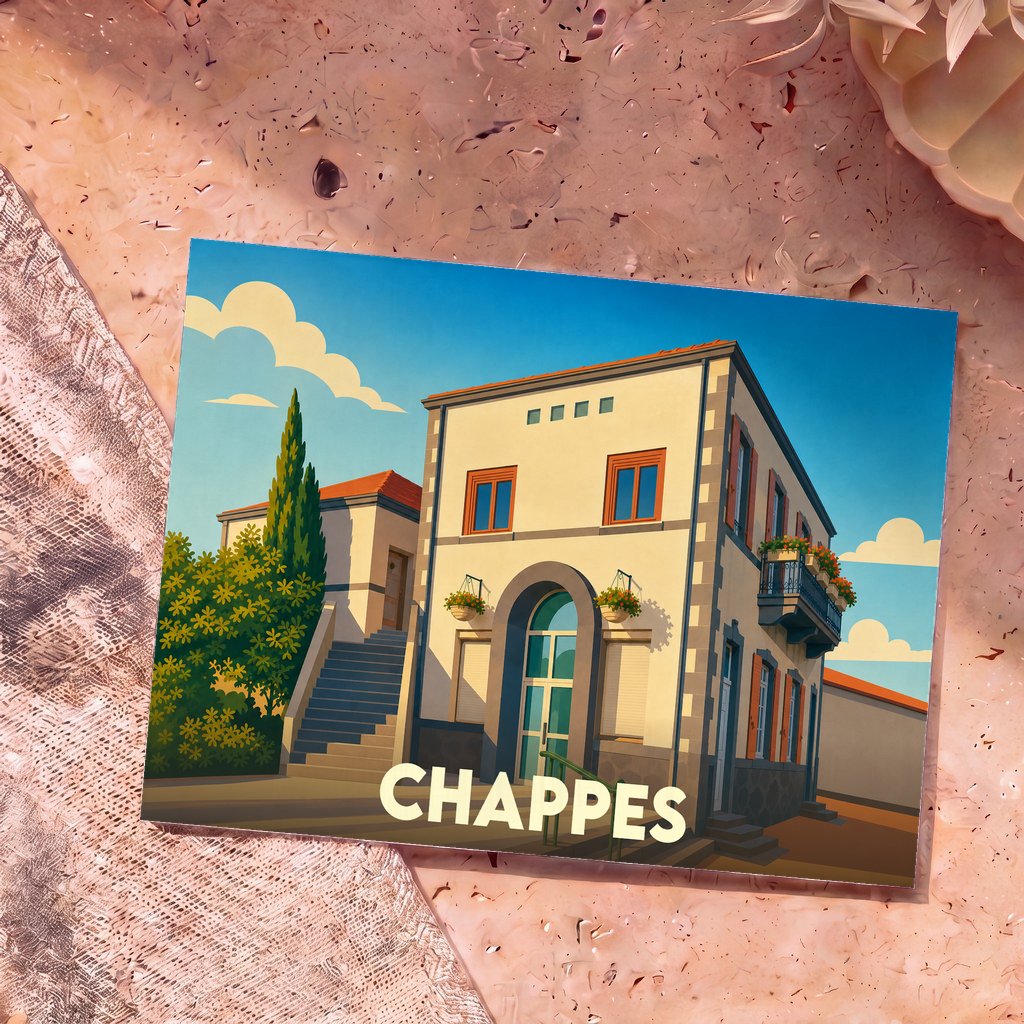 Carte postale souvenir de la ville de Chappes avec une illustration stylisée de son architecture locale.
