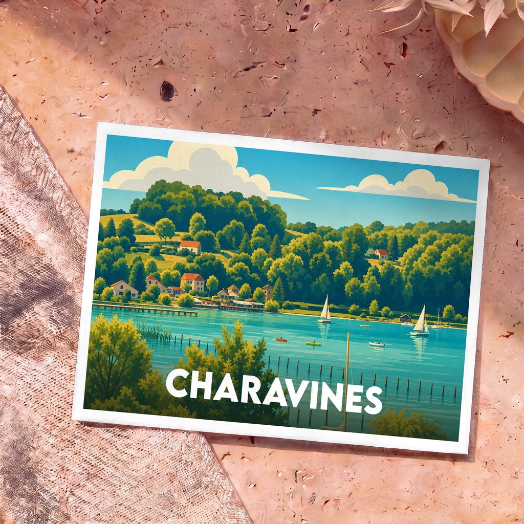 Carte postale souvenir de la ville de Charavines illustrant son lac et ses collines boisées dans un style graphique épuré.