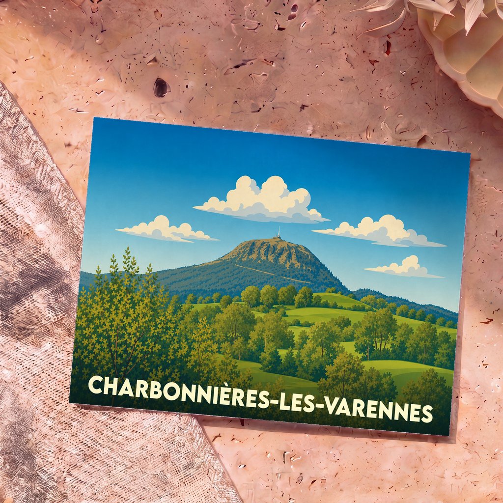 Carte postale souvenir de la ville de Charbonnières-les-Varennes avec une illustration stylisée du Puy de Dôme.