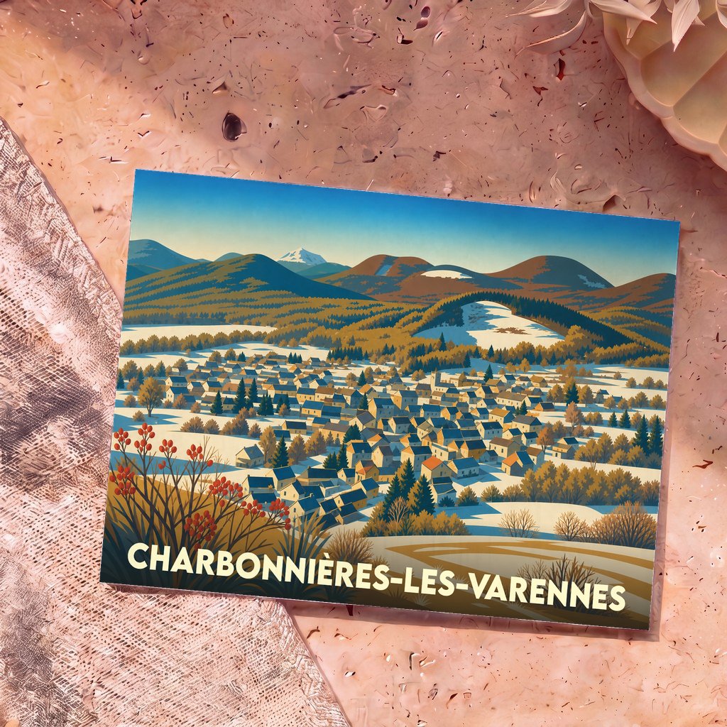 Carte postale souvenir de la ville de Charbonnières-les-Varennes avec une illustration stylisée d'un paysage montagneux enneigé.