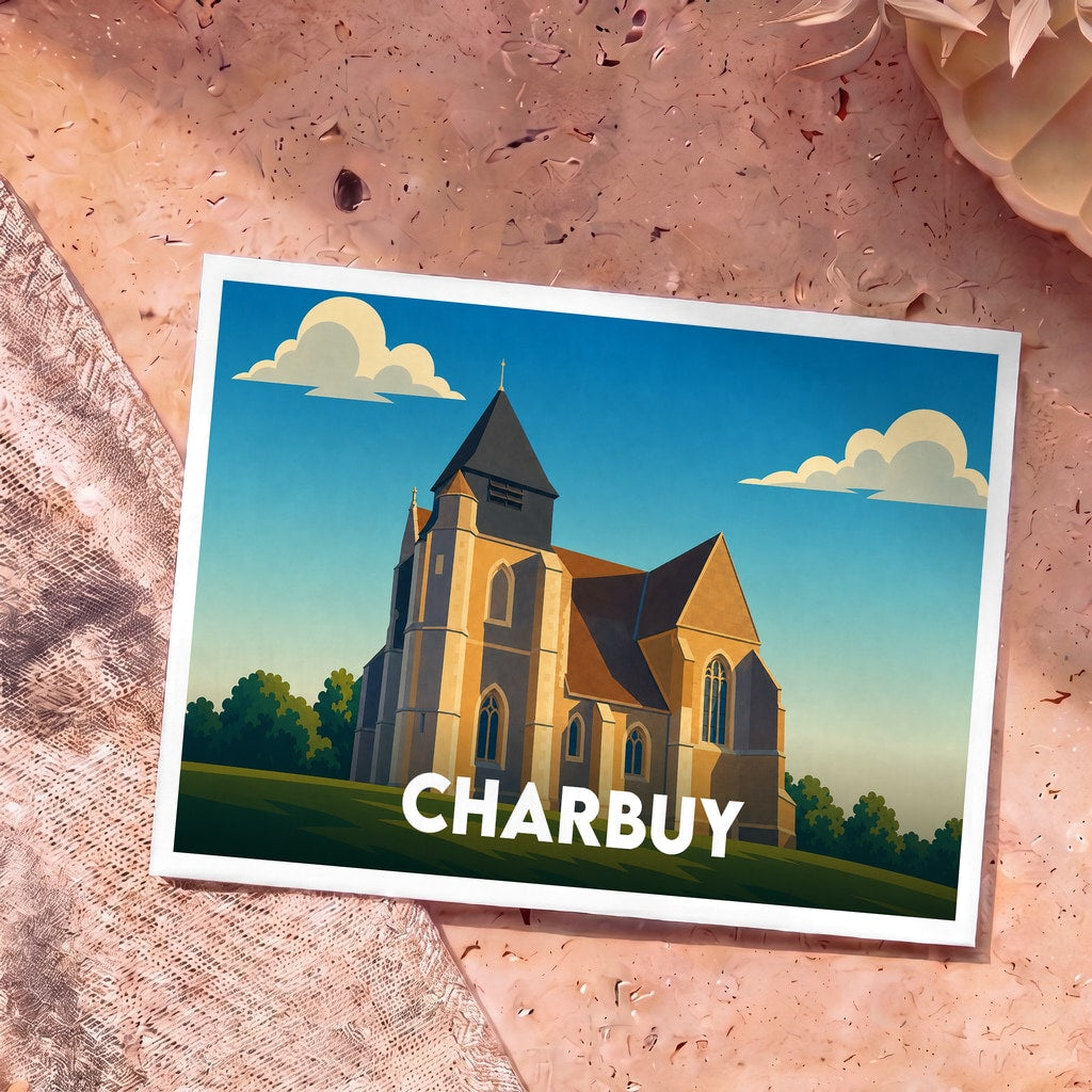 Carte postale souvenir de la ville de Charbuy avec une illustration stylisée de son église sous un ciel bleu.