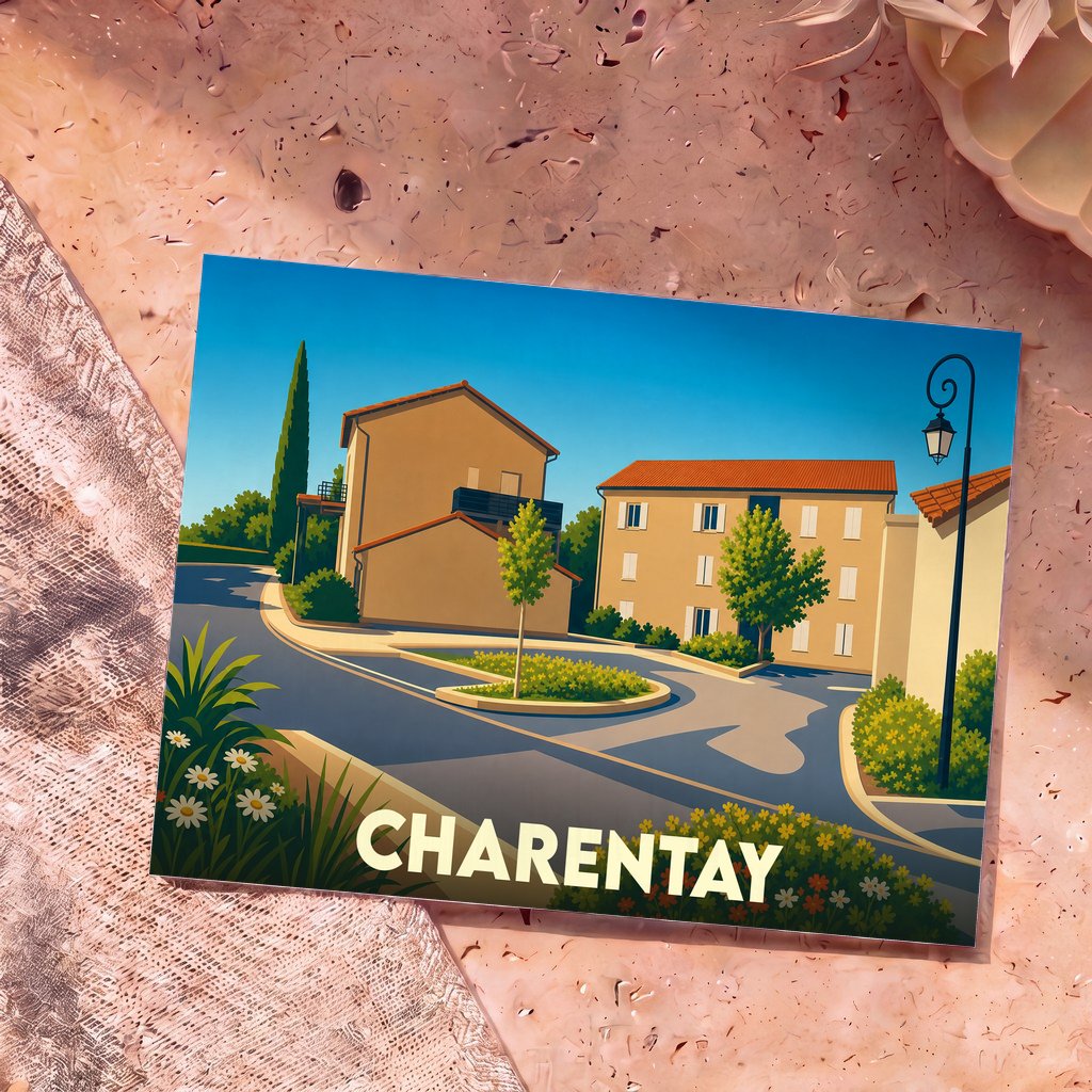 Carte postale souvenir de la ville de Charentay avec une illustration stylisée et colorée de ses maisons et jardins.