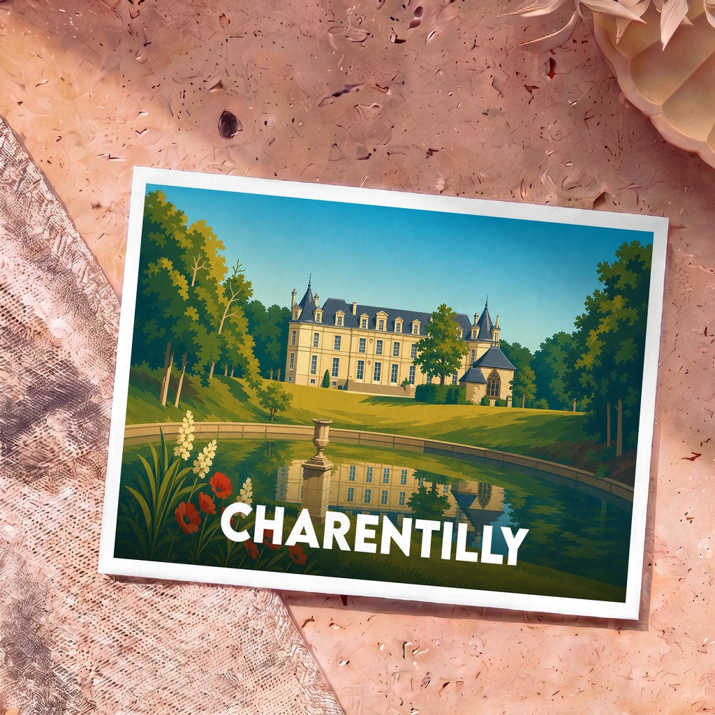 Carte postale souvenir de la ville de Charentilly avec une illustration stylisée de son château et de son parc.