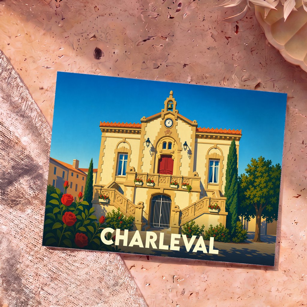 Carte postale souvenir de la ville de Charleval avec une illustration stylisée de son hôtel de ville.