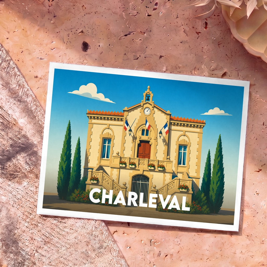 Carte postale souvenir de la ville de Charleval avec une illustration stylisée de son hôtel de ville.
