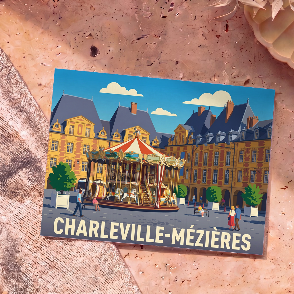 Carte postale souvenir de la ville de Charleville-Mézières illustrant le carrousel de la place Ducale.