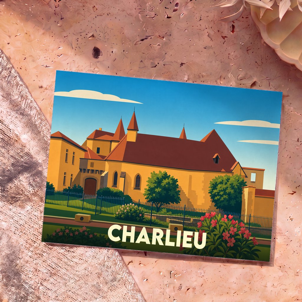 Carte postale souvenir de la ville de Charlieu avec une illustration stylisée de son abbaye.