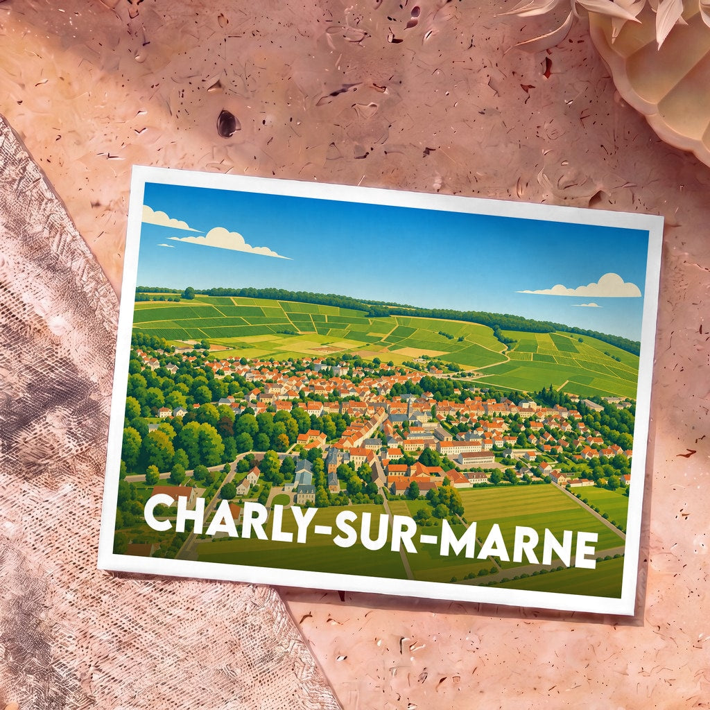 Carte postale souvenir de Charly-sur-Marne avec une illustration stylisée du village entouré de vignobles.