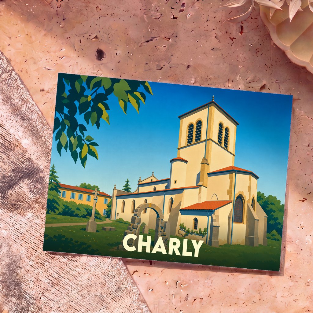 Carte postale souvenir de la ville de Charly illustrant son église dans un style graphique épuré.