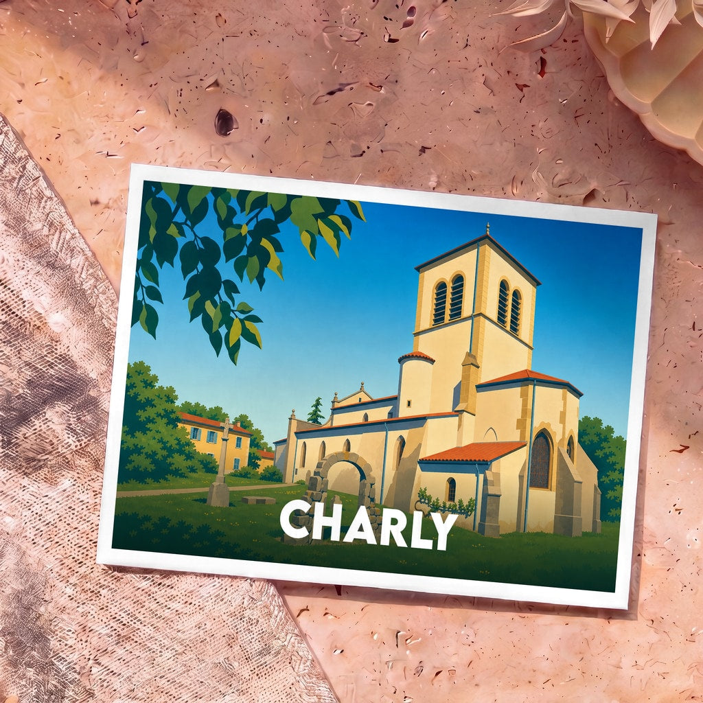Carte postale souvenir de la ville de Charly illustrant son église dans un style graphique épuré.