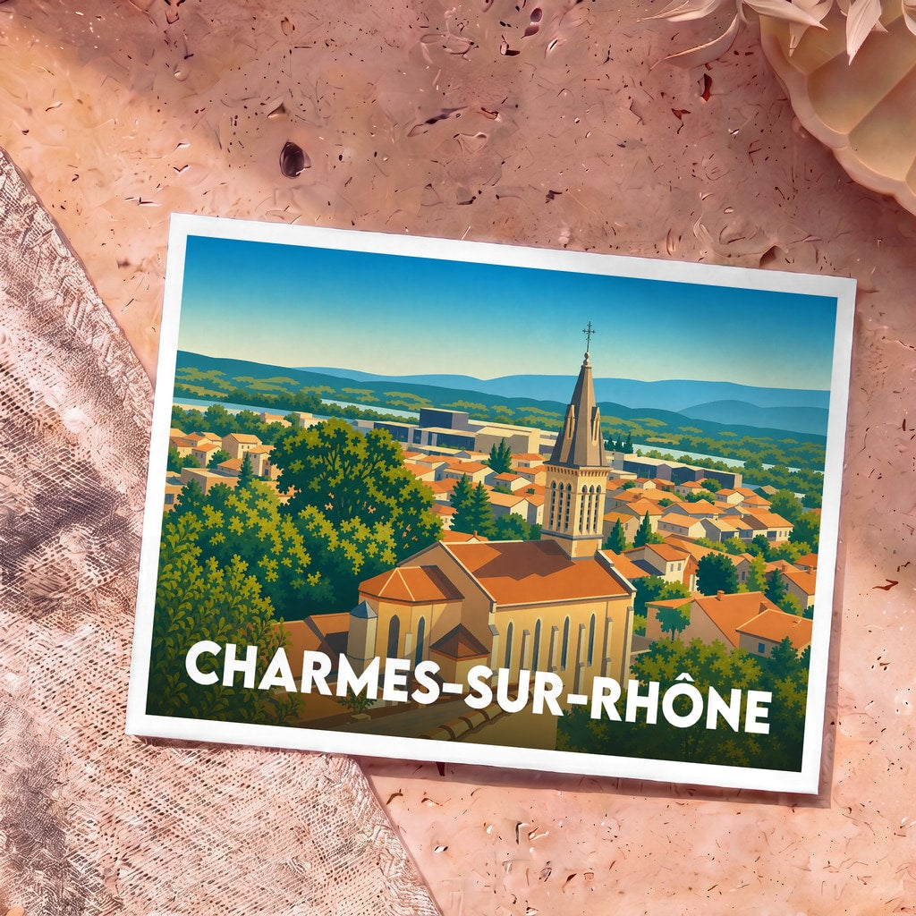 Carte postale souvenir de la ville de Charmes-sur-Rhône avec une illustration stylisée de son église et de ses toits.