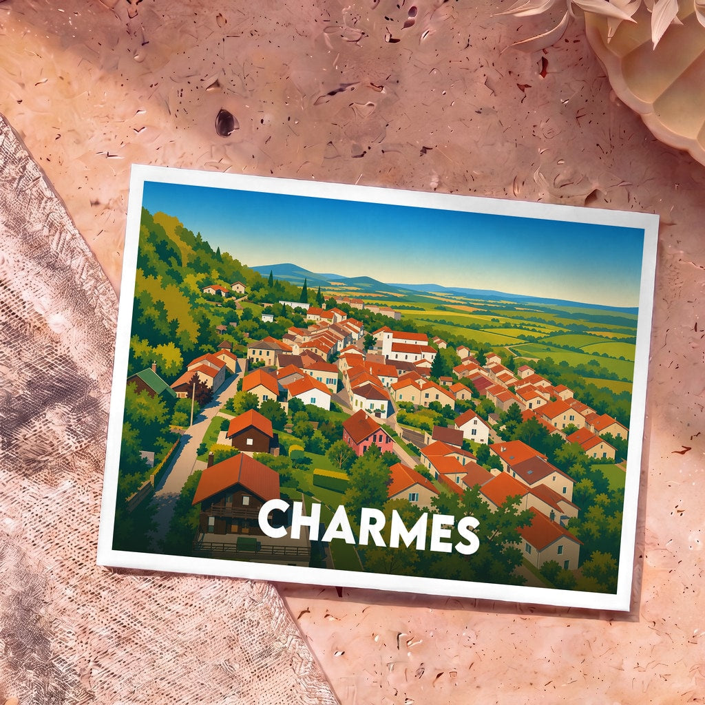 Carte postale souvenir de la ville de Charmes avec une illustration stylisée d'un village niché dans une vallée verdoyante.