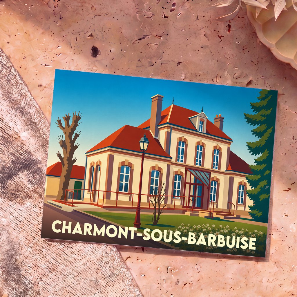 Carte postale souvenir de la ville de Charmont-sous-Barbuise avec une illustration stylisée d'un bâtiment remarquable.
