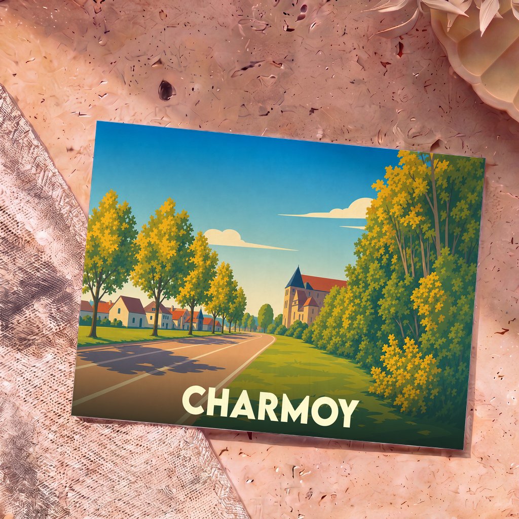 Carte postale souvenir de la ville de Charmoy avec une illustration stylisée d'une route bordée d'arbres et de maisons.