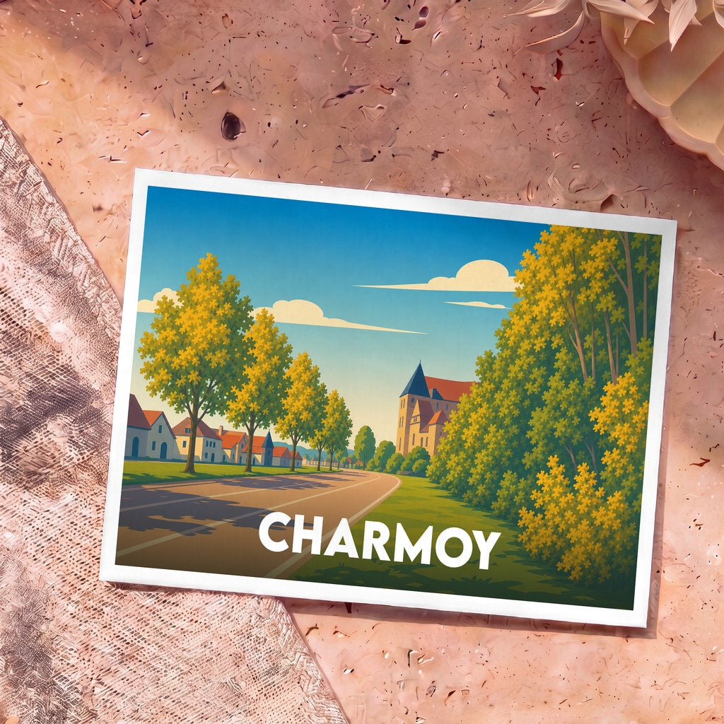 Carte postale souvenir de la ville de Charmoy avec une illustration stylisée d'une route bordée d'arbres et de maisons.