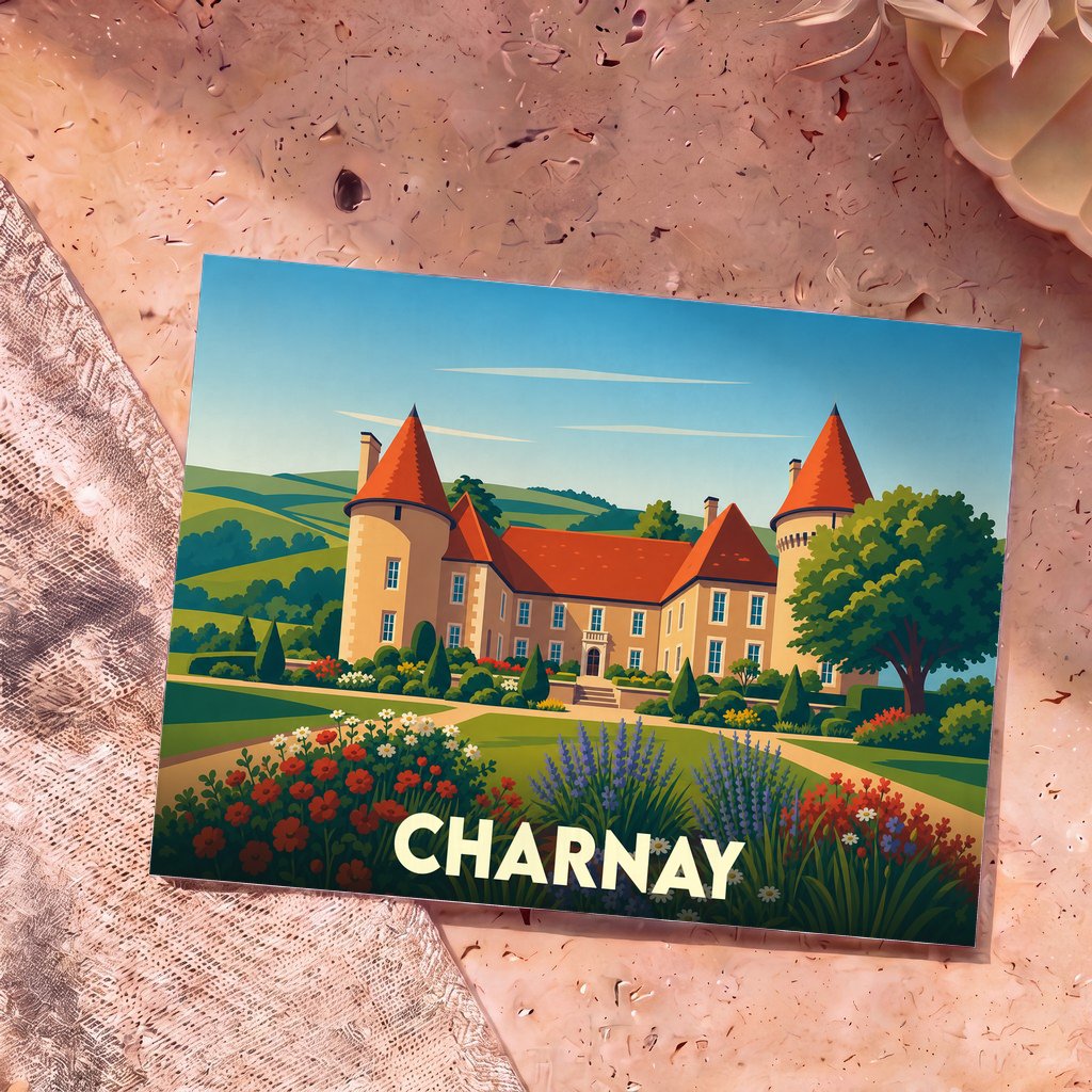Carte postale souvenir de la ville de Charnay illustrant un château entouré de jardins fleuris.