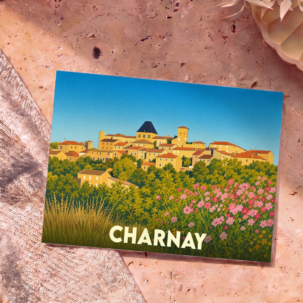 Carte postale souvenir de la ville de Charnay avec une illustration stylisée d'un village perché.
