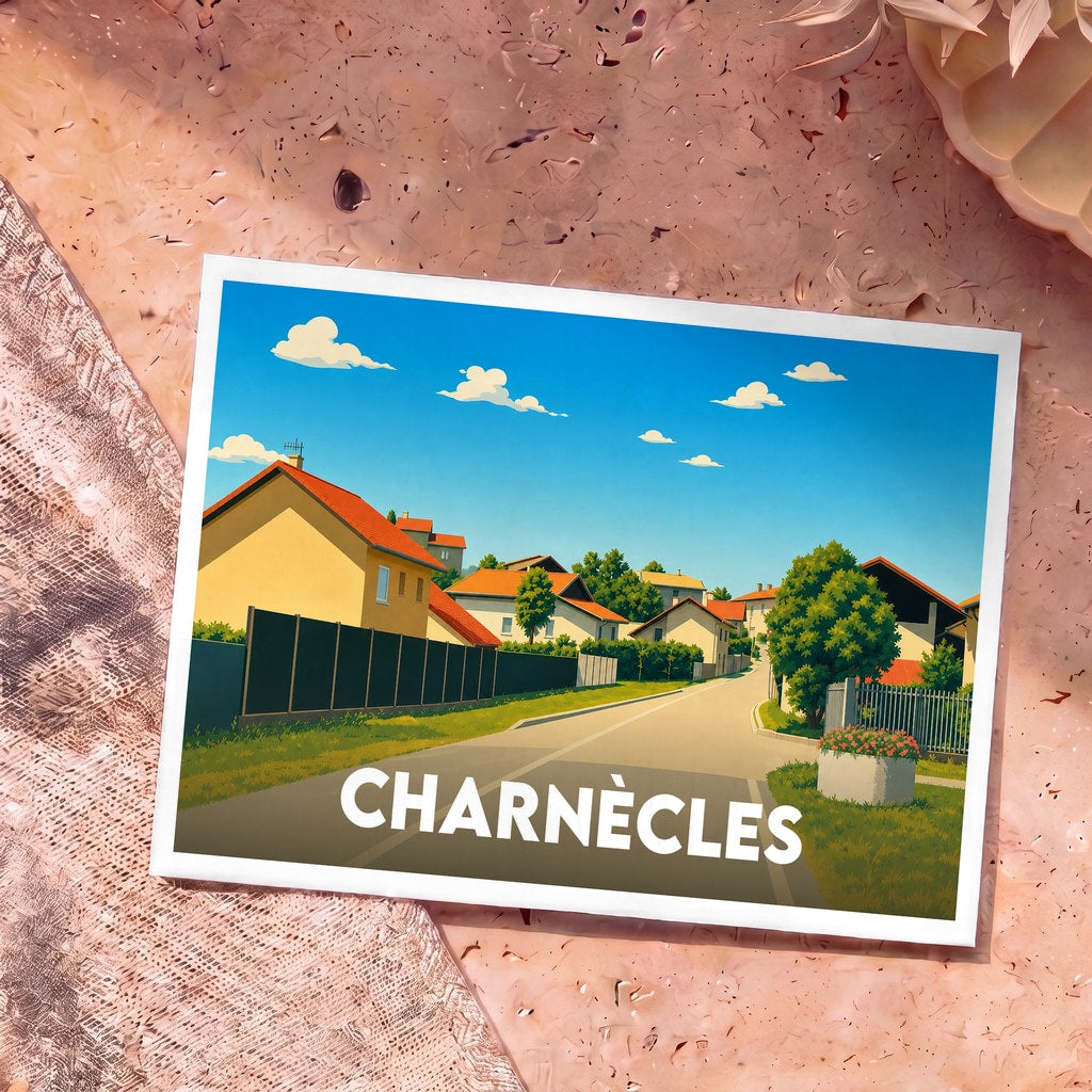 Carte postale souvenir de la ville de Charnècles illustrant une rue résidentielle paisible sous un ciel bleu.
