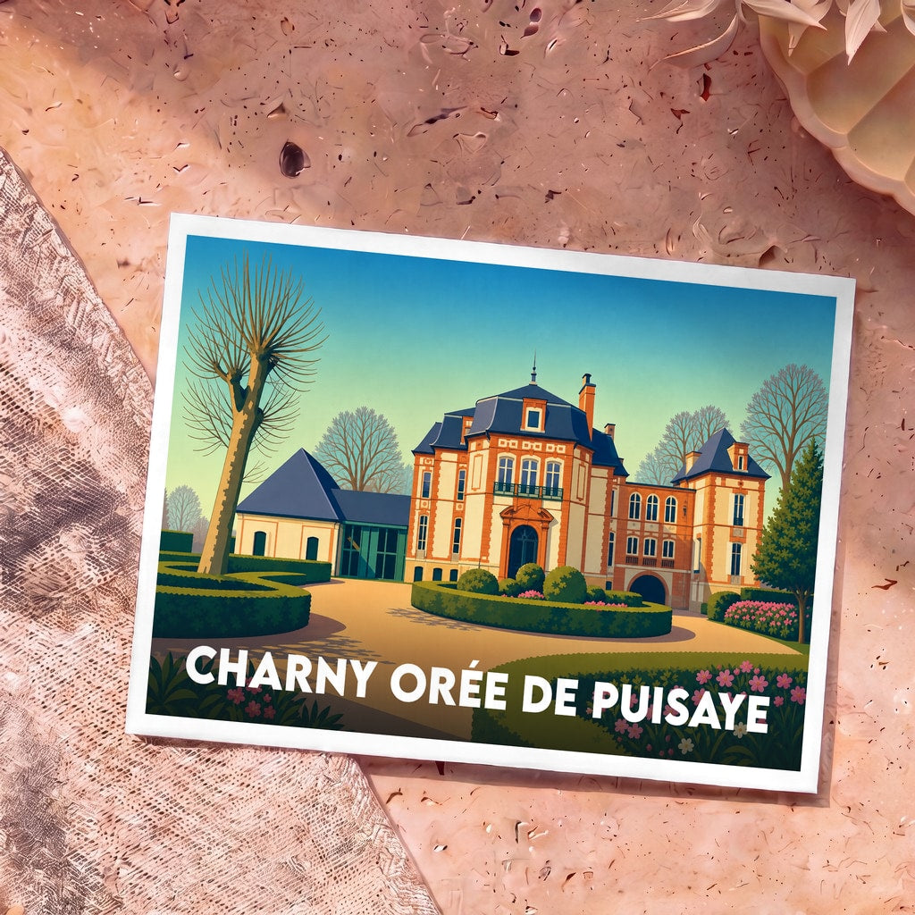 Carte postale souvenir de Charny Orée de Puisaye illustrant un château élégant dans un style graphique rétro.