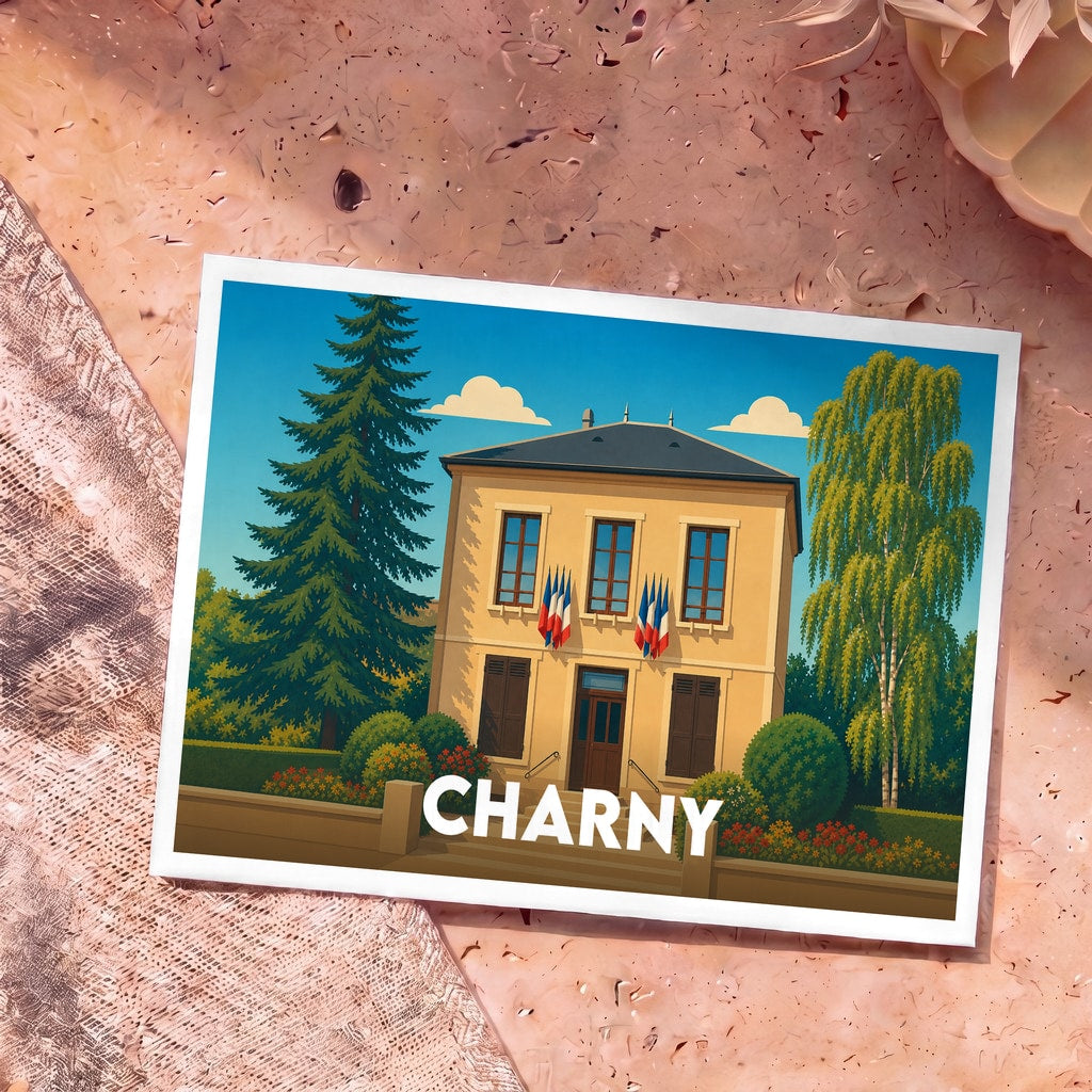 Carte postale souvenir de la ville de Charny avec une illustration stylisée de son hôtel de ville.