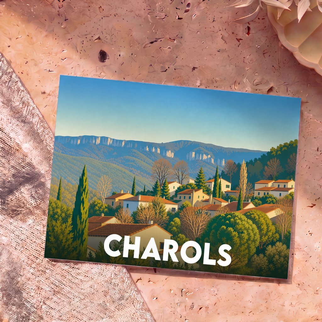 Carte postale souvenir de la ville de Charols avec une illustration stylisée d'un village provençal niché dans les collines.