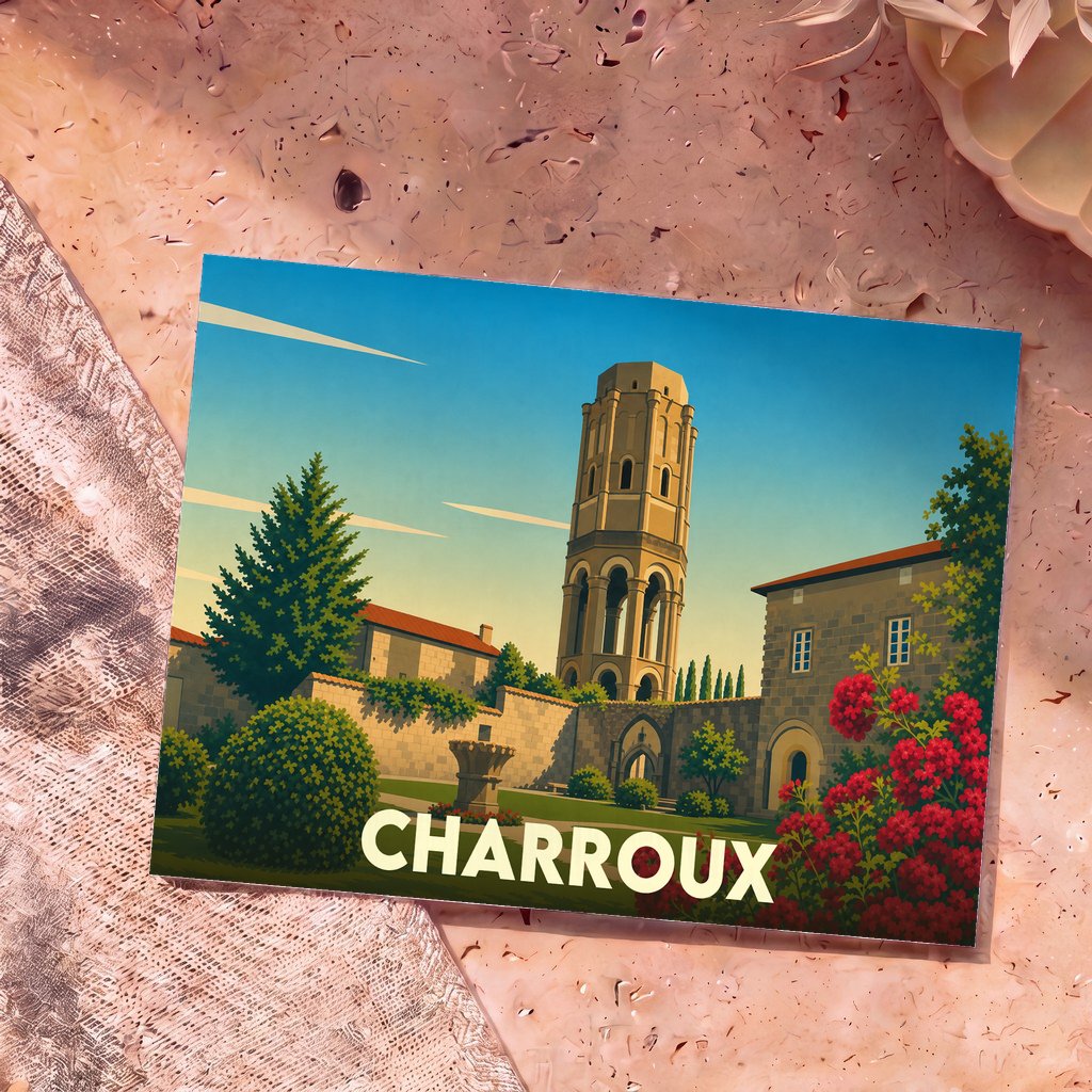 Carte postale souvenir de la ville de Charroux avec une illustration stylisée de son abbaye et de sa tour octogonale.