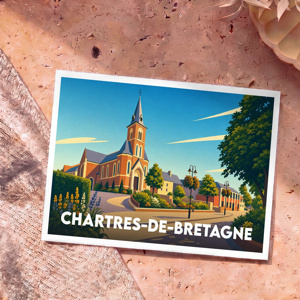 Carte postale souvenir de la ville de Chartres-de-Bretagne avec une illustration colorée et stylisée de son église.