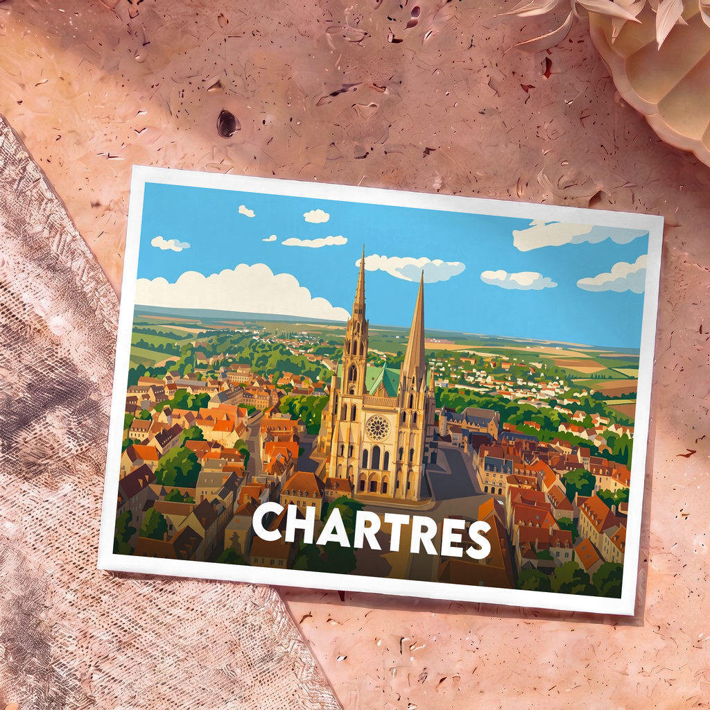 Carte postale souvenir de la ville de Chartres avec une illustration stylisée de sa cathédrale et de ses toits.