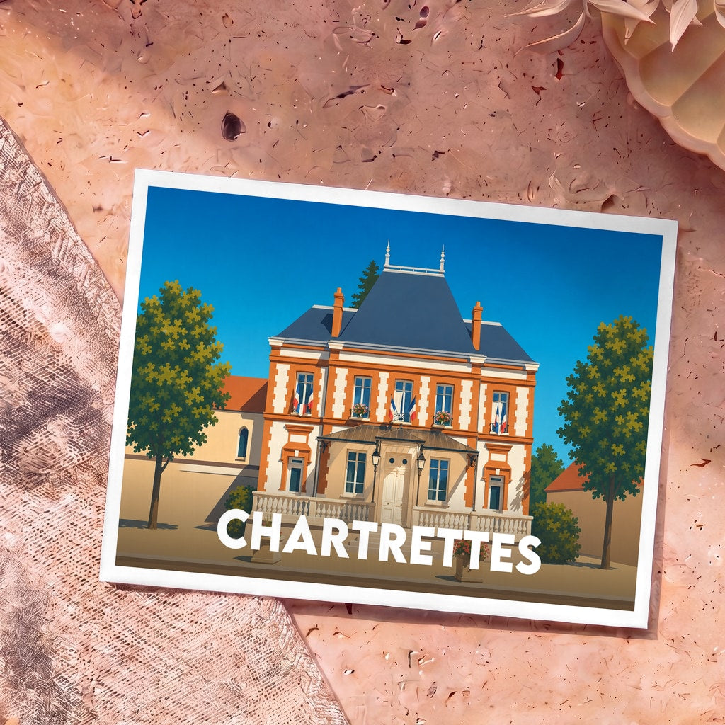 Carte postale souvenir de la ville de Chartrettes illustrant son hôtel de ville dans un style graphique épuré.