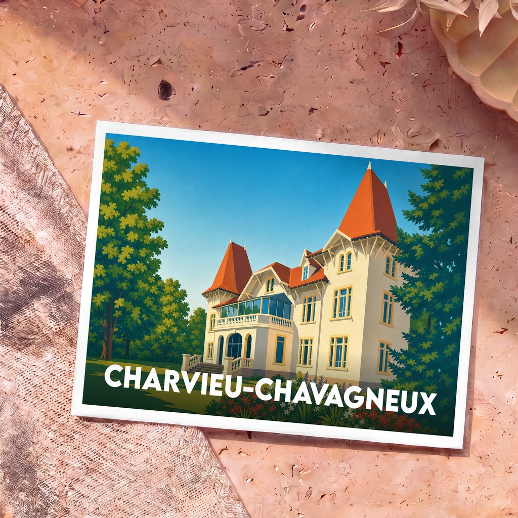 Carte postale souvenir de la ville de Charvieu-Chavagneux illustrant une élégante demeure bourgeoise.