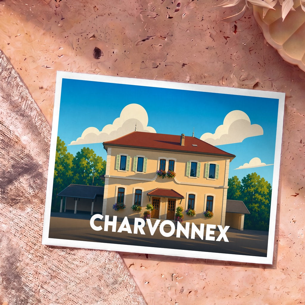 Carte postale souvenir de la ville de Charvonnex avec une illustration stylisée d'une maison traditionnelle.