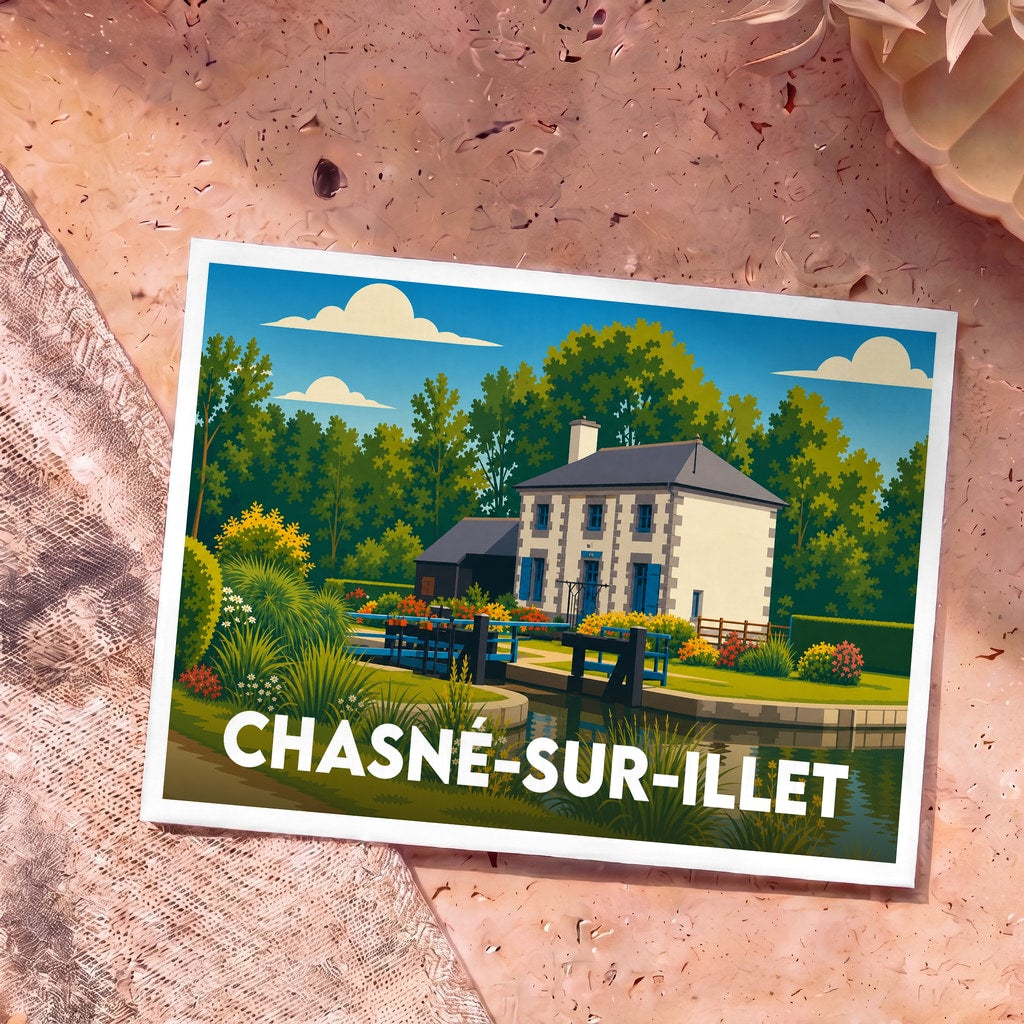 Carte postale souvenir de la ville de Chasné-sur-Illet avec une illustration stylisée d'une maison d'éclusier.