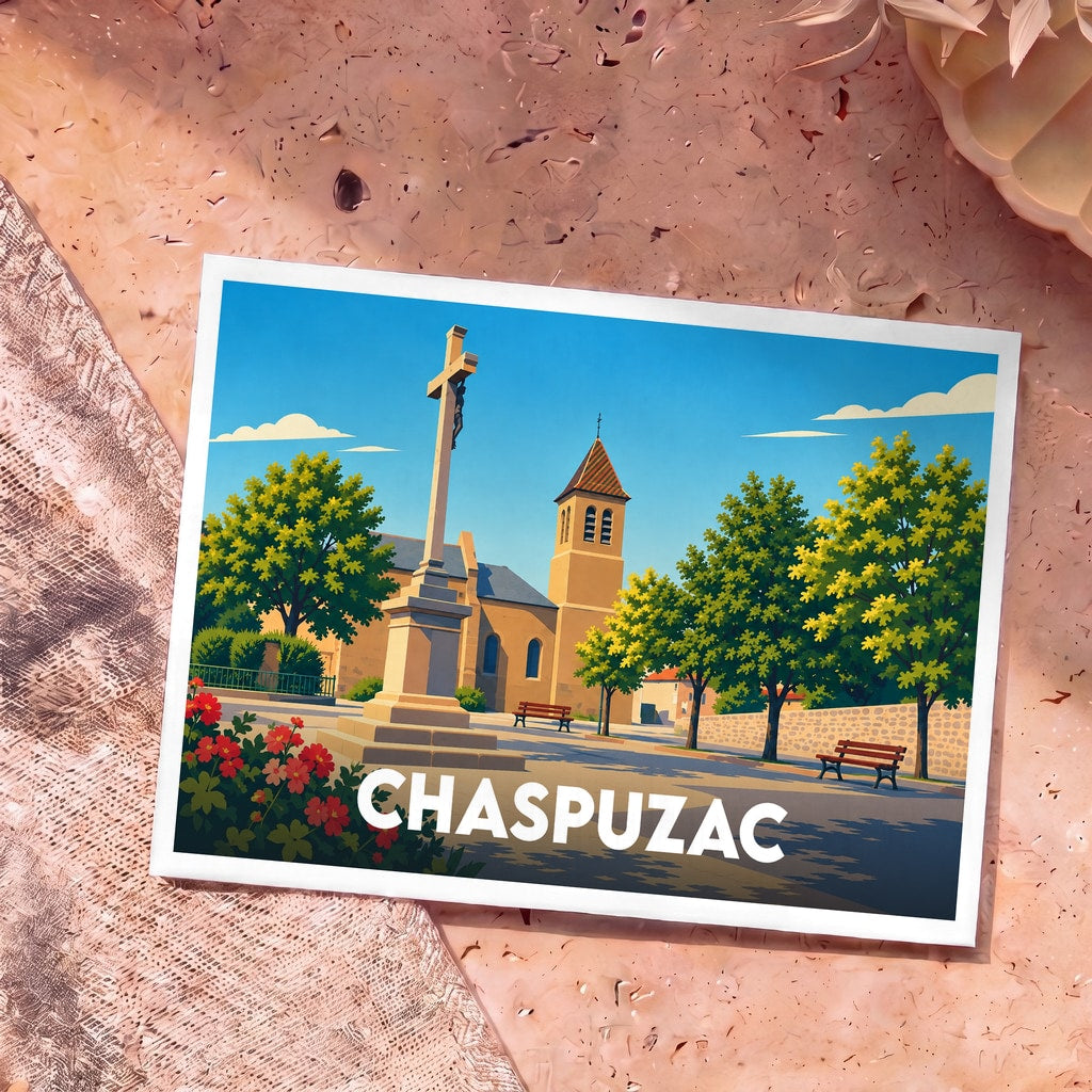 Carte postale souvenir de la ville de Chaspuzac avec une illustration stylisée de son église et de sa place.