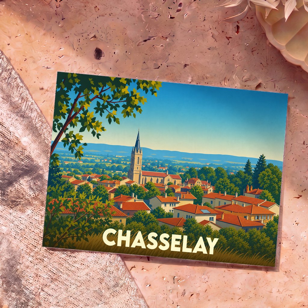 Carte postale souvenir de la ville de Chasselay arborant une illustration stylisée et colorée de son paysage urbain.