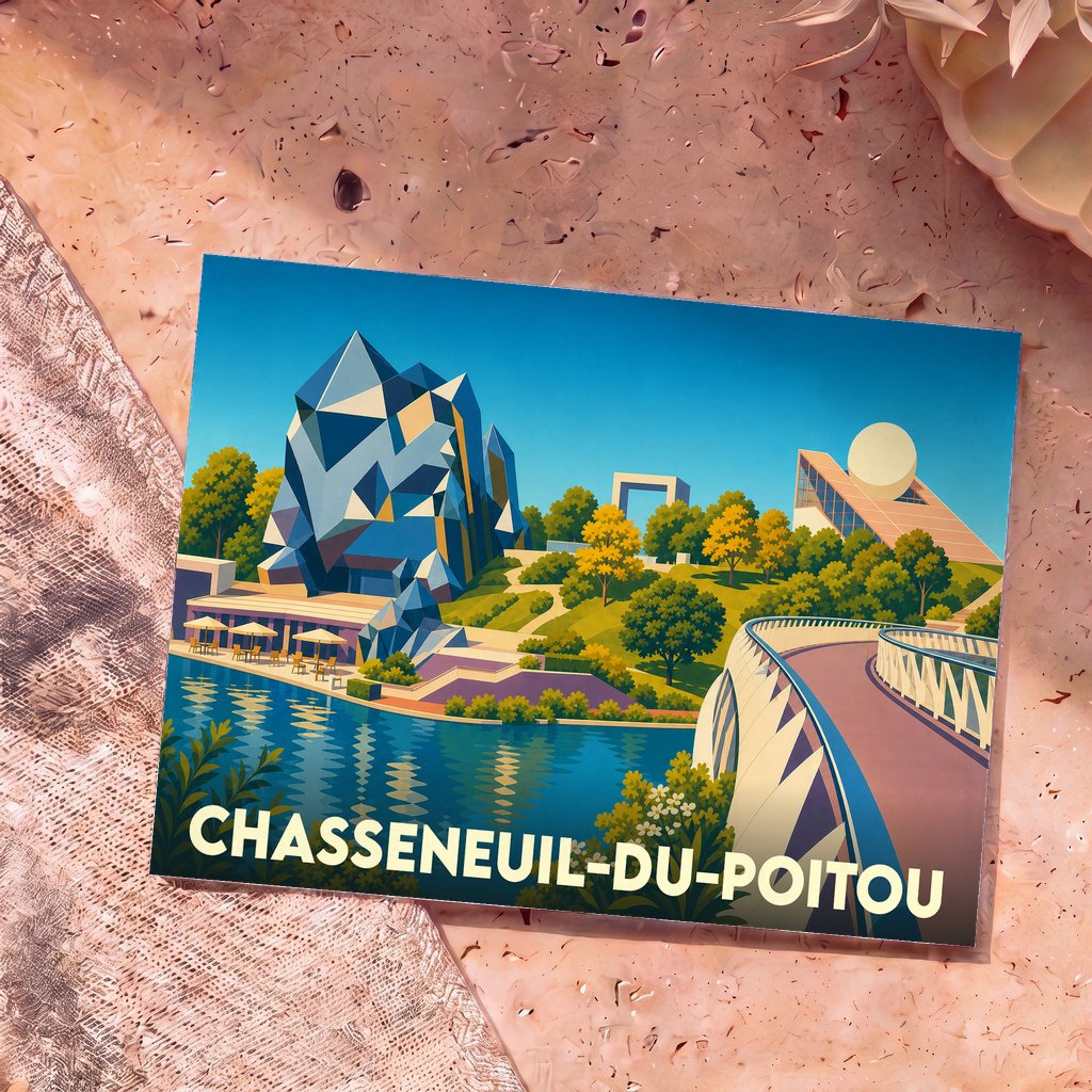 Carte postale souvenir de la ville de Chasseneuil-du-Poitou avec une illustration stylisée du Futuroscope.