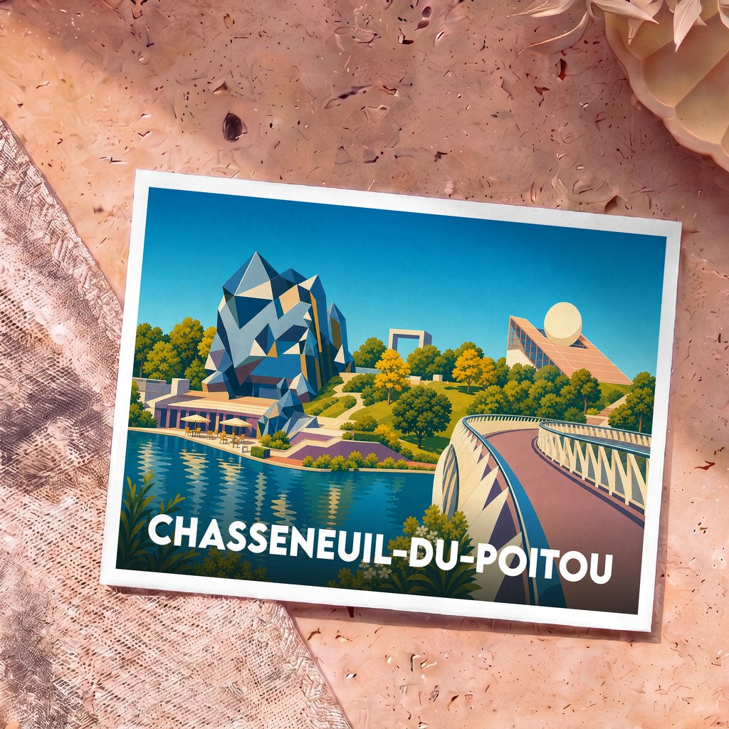 Carte postale souvenir de la ville de Chasseneuil-du-Poitou avec une illustration stylisée du Futuroscope.