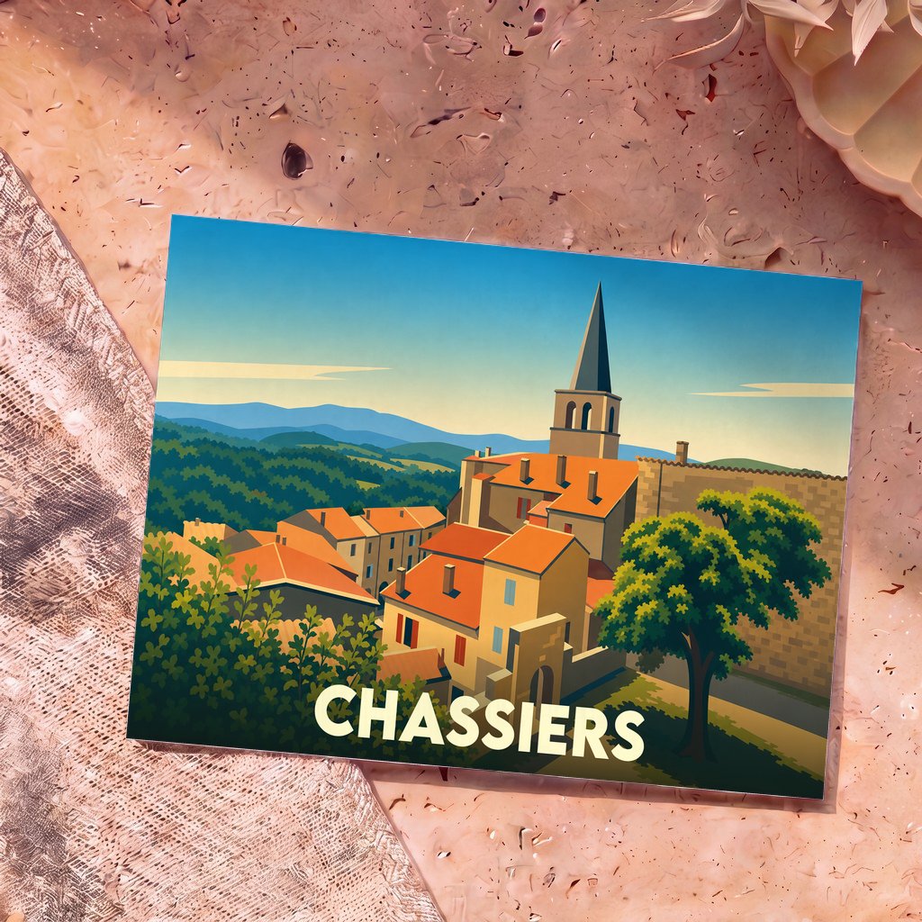 Carte postale souvenir de la ville de Chassiers avec une illustration stylisée de son village perché.